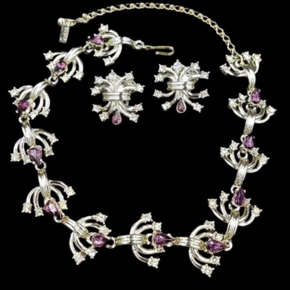 Rare Vintage Duane Purple Rhinestone Necklace Earring Set - Picture 4 of 14